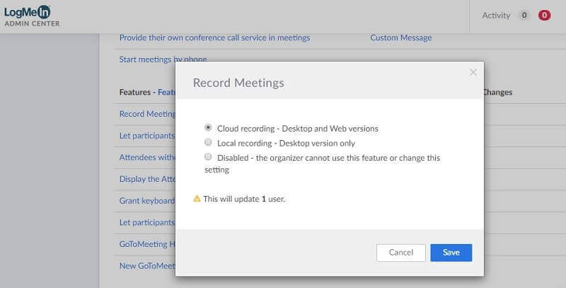 « Record Meetings » et cochez « Cloud Recording »